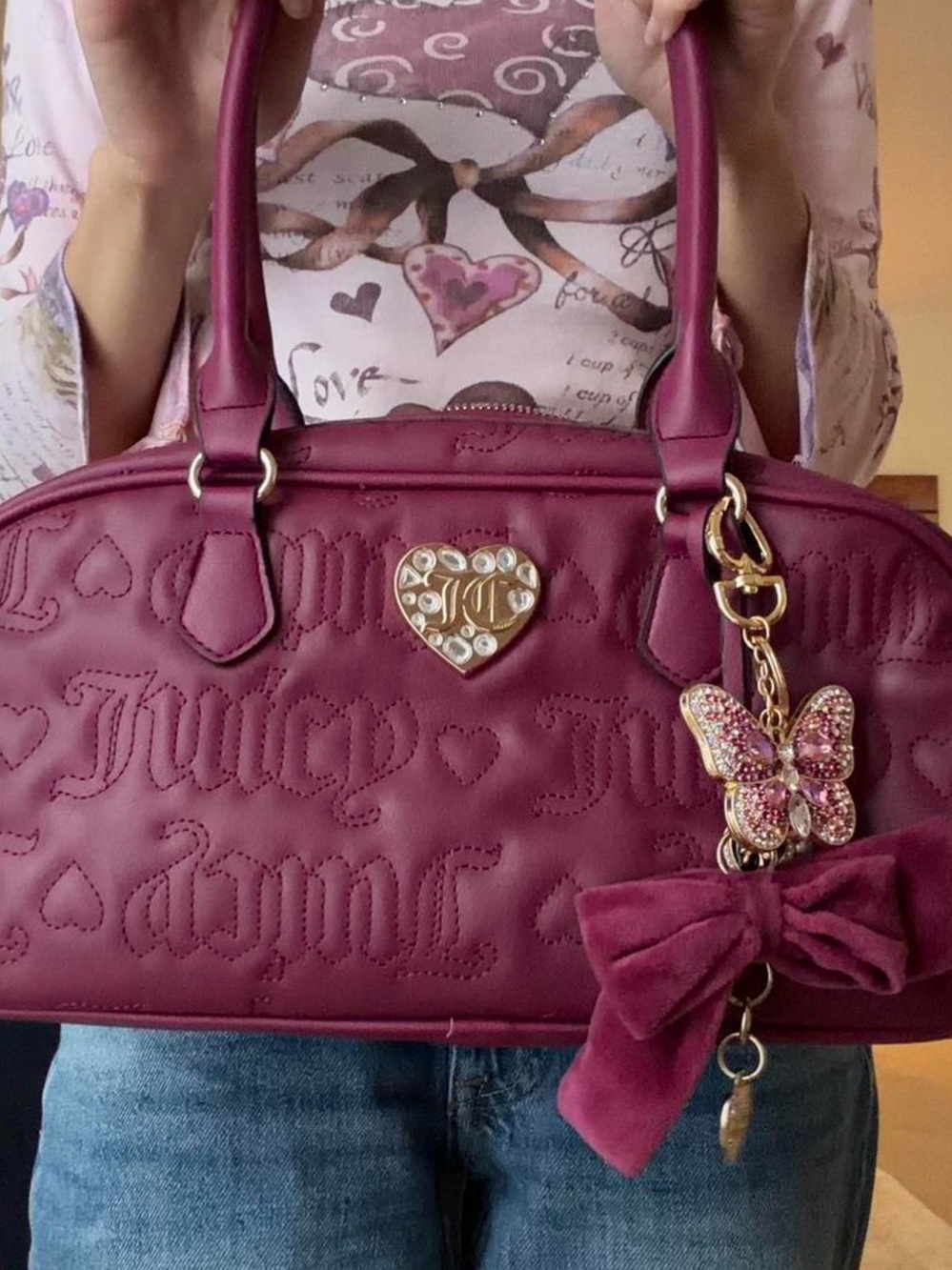 Juicy Couture Deep Berry Quilted Satchel with Rhinestone Heart & Butterfly Charm